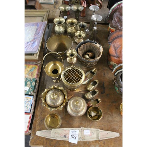 Asst. Ornate Brass Candlesticks, Vases, Clogs, Bowls, More, Wooden Painted Décor