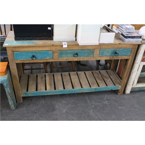 Distressed w/Blue Accents Hall Table w/3 Drawers