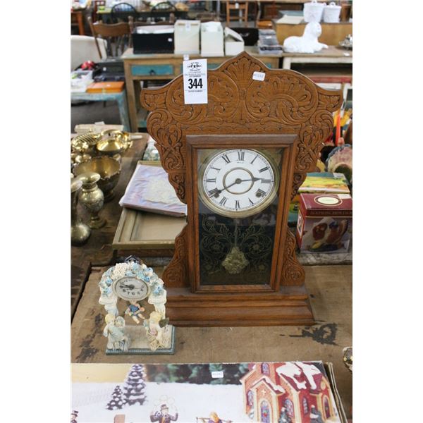Carved Oak Pendulum Mantle Clock, Cherub Clock