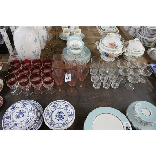 Depression Glass Stems, Red Trim Stems, Etched Glassware