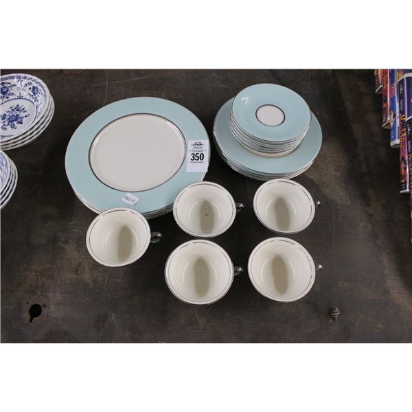 Castle Pastel Blue Trim Dishes, Cups, Saucers