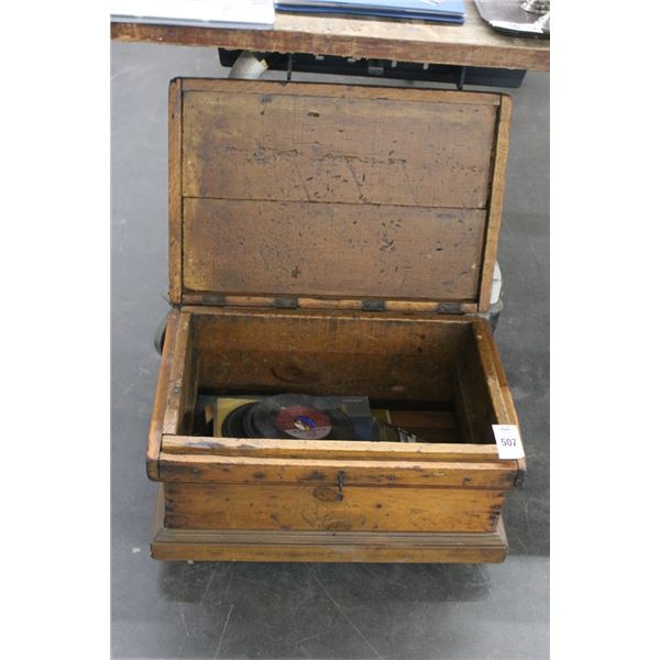 Antique Wooden Rolling Box w/Vinyl Record Albums