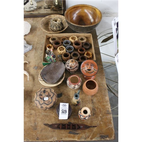 Asst. Wood Carved Bowls, Napkin Rings, Clay Pots, Décor