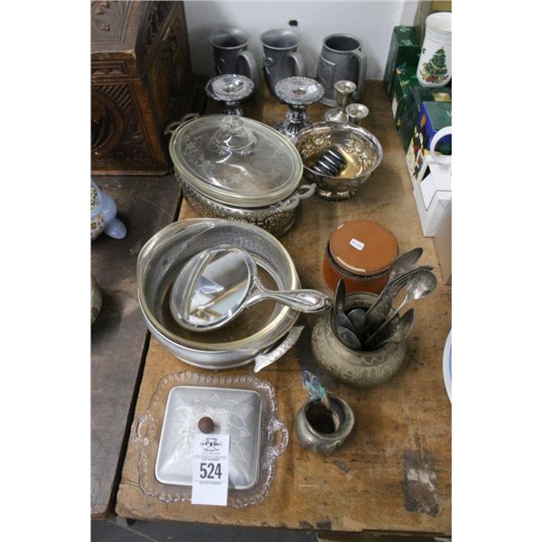Silverplate Candlesticks, Vanity Mirror, Spoons, Mugs, Décor