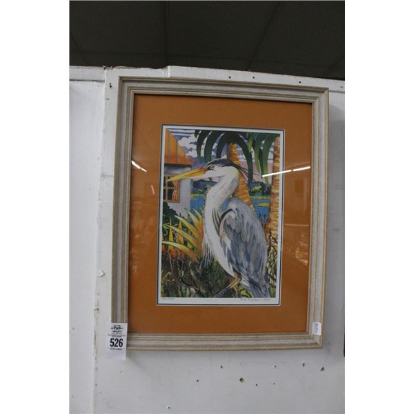 Framed Art of Heron Signed Nelson - 16"  X  20"