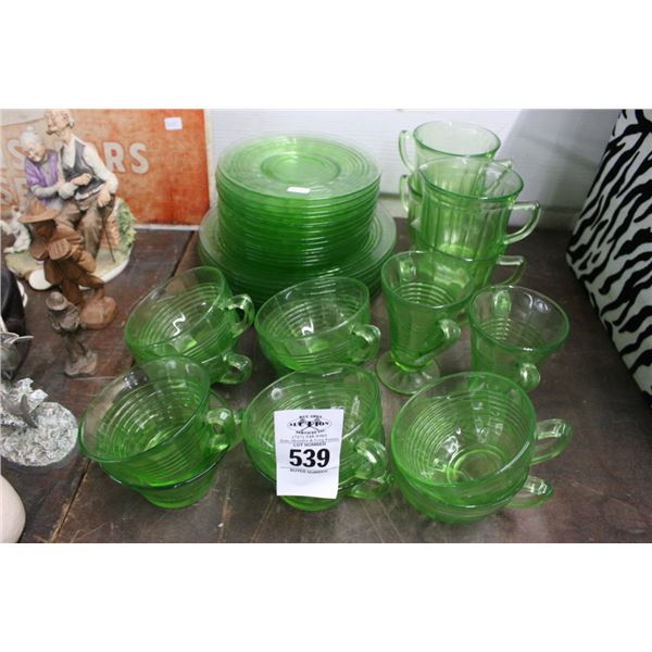 Green Depression Glass, Asst. Dishes, Mugs, More