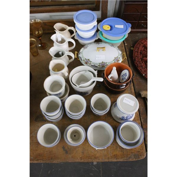 Asst. Stoneware Bowls, Pitchers, Lidded Containers, Dish