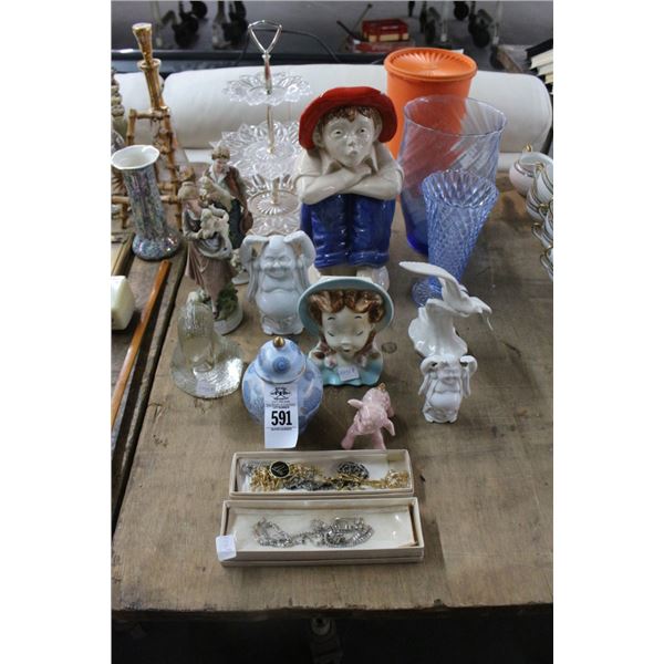 Asst. Figurines, Estate Jewelry, Vases, 3 Tier Server, Décor
