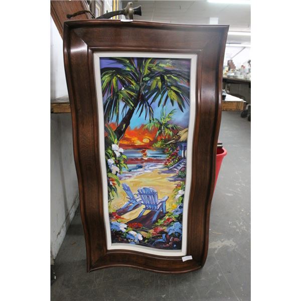 Colorful Oil On Canvas Beach Scene Wall Art w/Curvy Frame