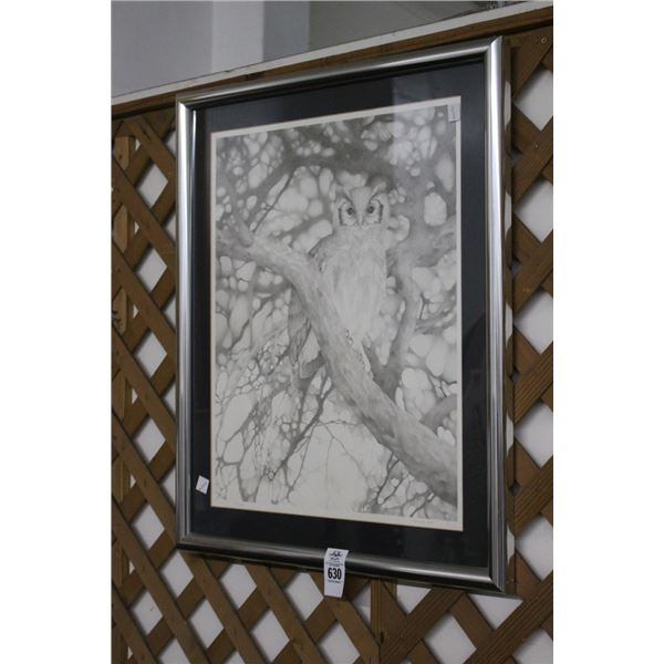 Framed Black/White Owl Wall Art Artist Signed - 20"  X  30"