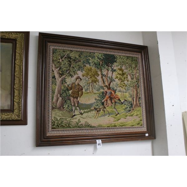 Framed Needlepoint Tapestry Running In The Forest - 36"  X  36"