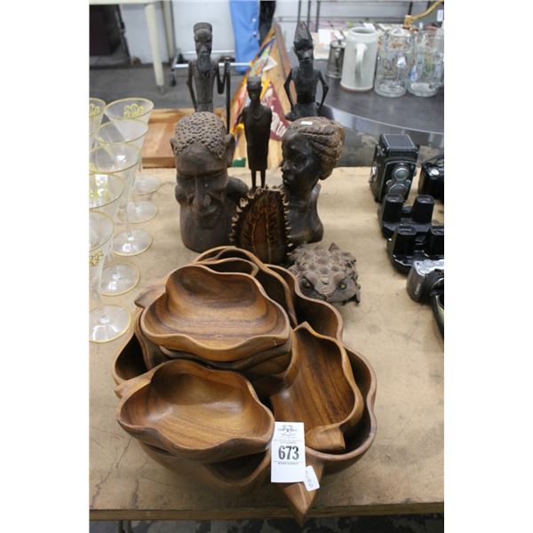 African Carved Figurines, Busts, Toad, Carved Bowls