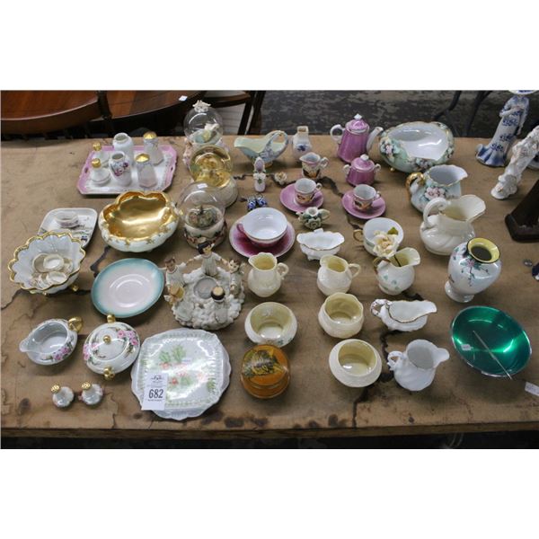 Snowglobes, Figurines, Asst. Vintage China Pitchers, Bowls, Dishes, Table Décor