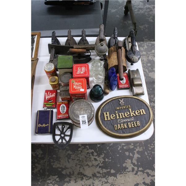Vintage Tins, Sad Irons, Insulators, Decanter, Décor