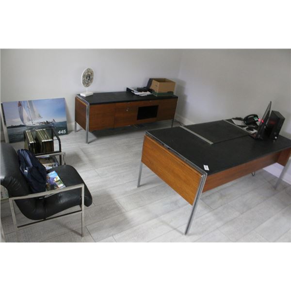Retro Desk/Credenza, Leather Side Chair, Hat/Coat Rack In Office - Phone Not Included