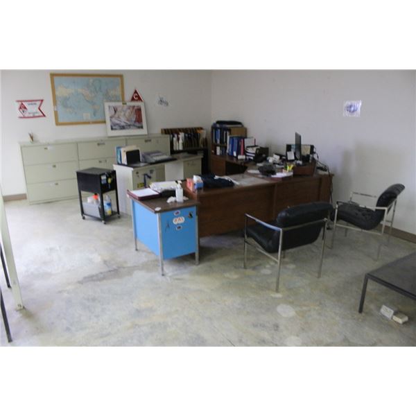 Desk System, Leather Side Chairs, Bookcases, Lateral File Cabinets on Side of Office