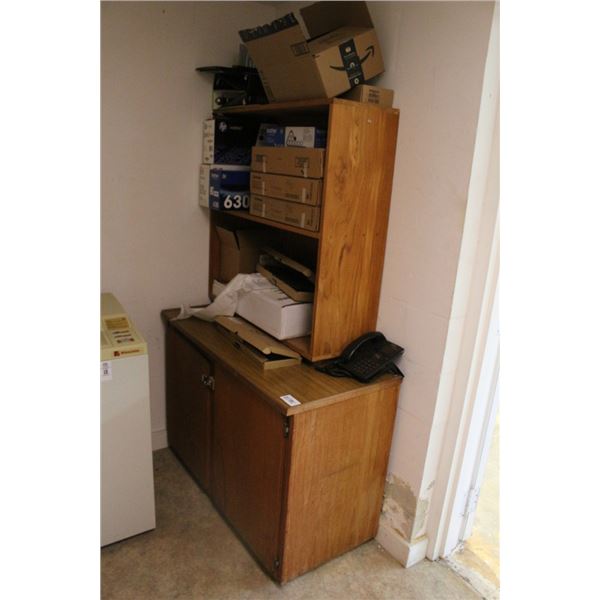 Oak Bookcase, Upright Cabinet, Worktable, Paper Cutter, Shredder, Office Supplies In Room