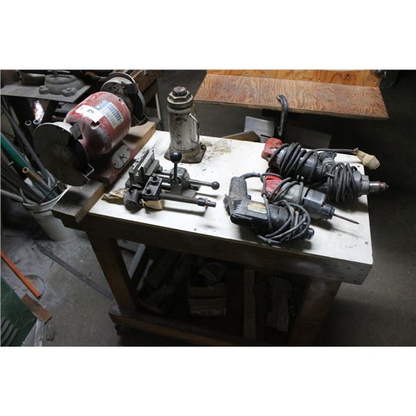 Cart w/Bench Grinder, Electric Drills, Vises, Bottle Jack
