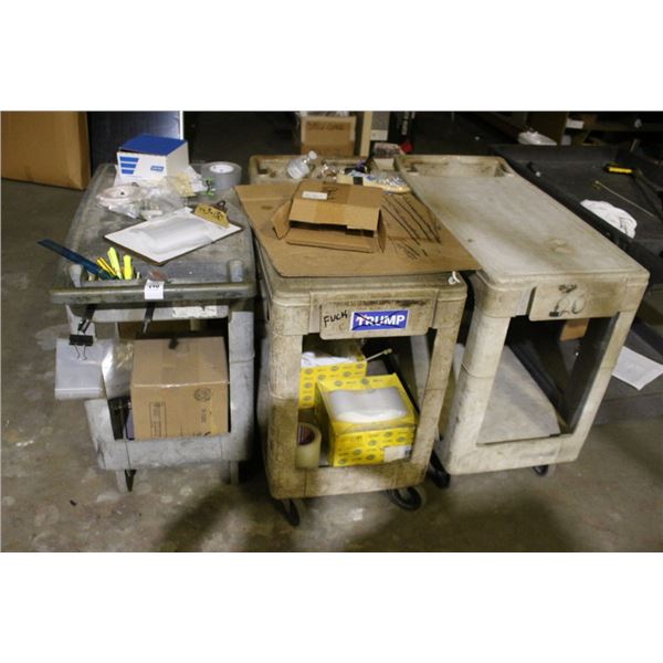 3-Small Plastic Warehouse Storage Carts w/Contents - 3 X $