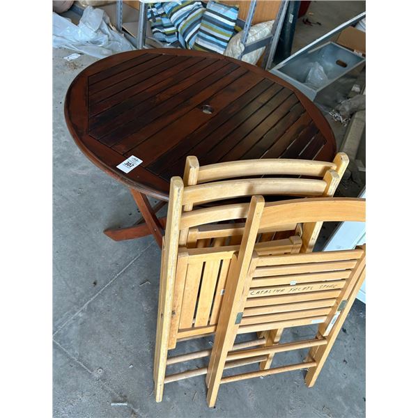 Folding Round Teak Style Table w/3 Folding Chairs