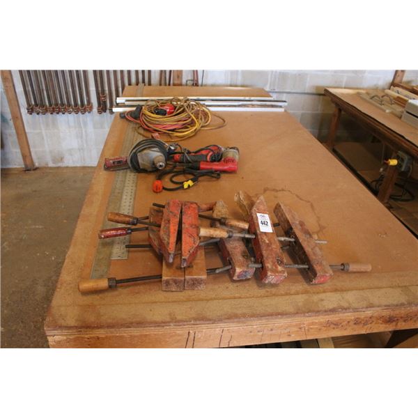 Wood Clamps, Milwaukee Electric Drill, Ext. Cords, Levels