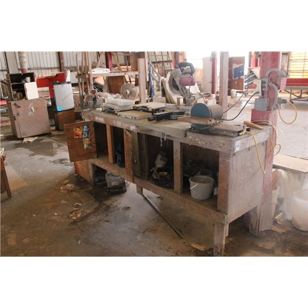 Wooden Work Bench Cabinet, Vise, Miter Saw, Asst. Hardware