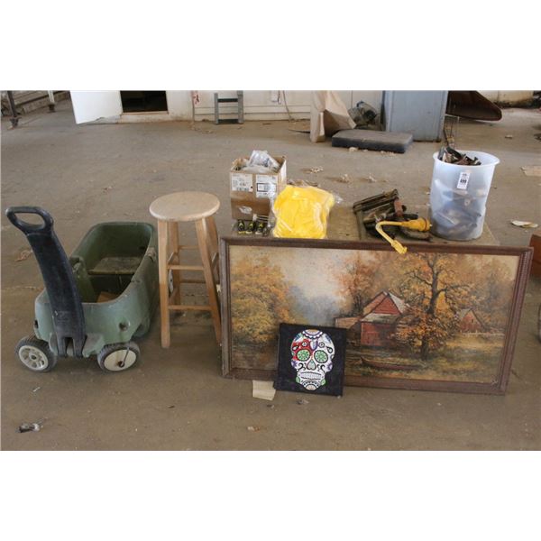 Asst. Clamps, Scraper, Safety Garb, Wagon