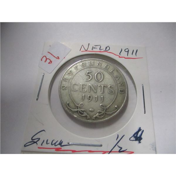 1911 NEWFOUNDLAND KING GEORGE V SILVER HALF DOLLAR