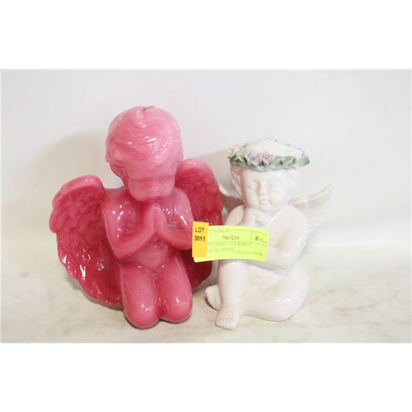 LOT OF 2 ANGEL FIGURINES, CERAMIC & CANDLE