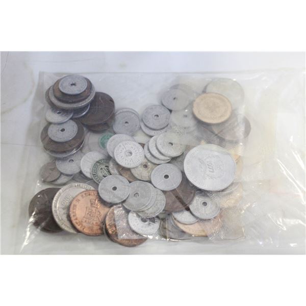 BAG OF VARIOUS ESTATE TOKENS, TRADES DOLLAR ETC.