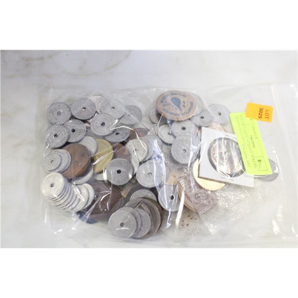 BAG OF VARIOUS ESTATE TOKENS, TRADES DOLLAR ETC.