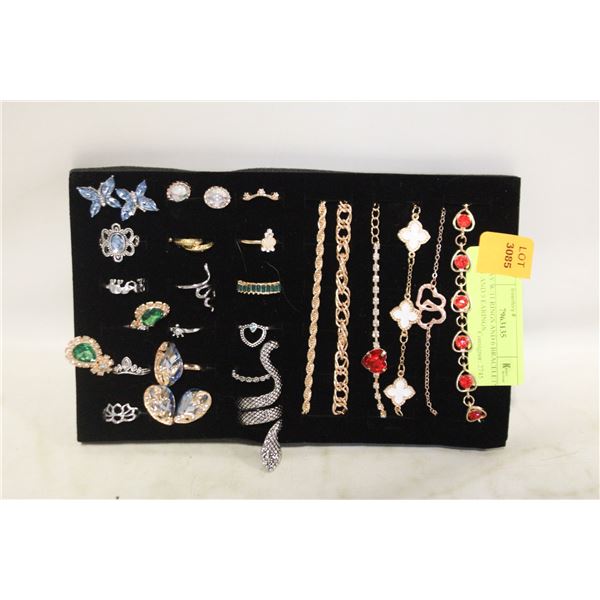 TRAY W/11 RINGS AND 6 BRACELETS SET AND 5 EARINGS