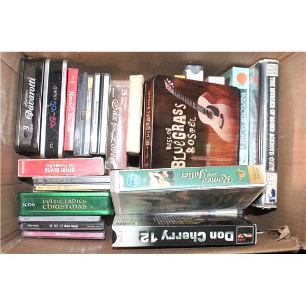 BOX OF ASSORTED CDS & VHS TAPES