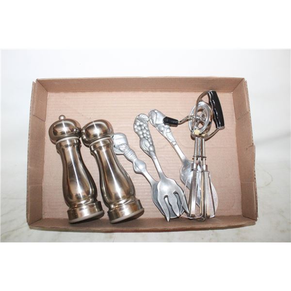 SILVER SALT AND PEPPER MILLS, EGG BLENDER