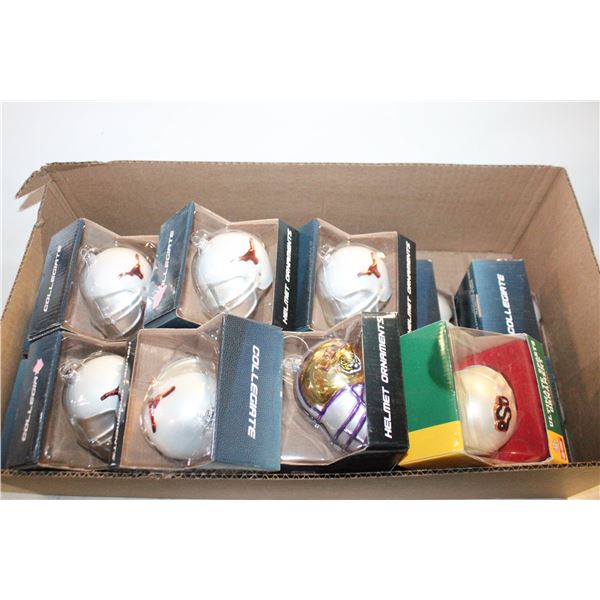 17 COLLEGIATE FOOTBALL ORNAMENTS, HELMET,