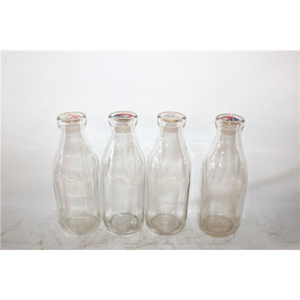 4 VTG GLASS MILK QUARTS W/ ORIGINAL PULL TABS
