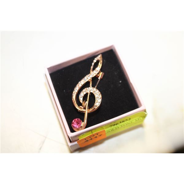 NEW ROSE GOLD TONE MUSIC NOTE BROOCH