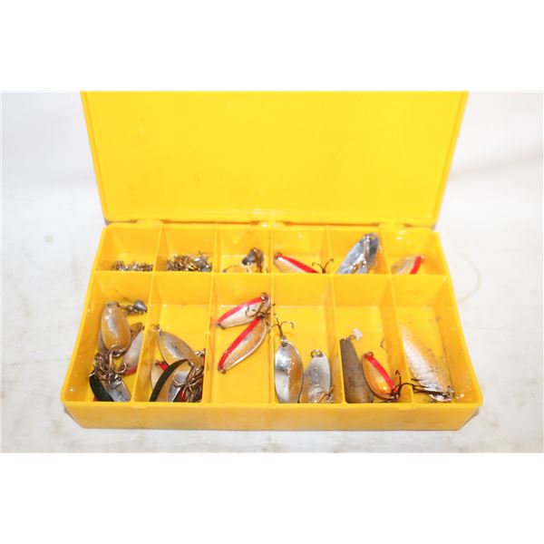 FISHING LURES IN YELLOW CONTAINER