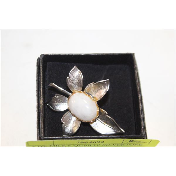 VTG. MILKY QUARTZ SILVERTONE FLORAL BR.