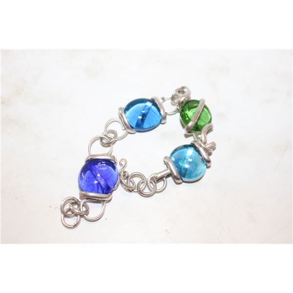 SILVER BLUE & GREEN GLASS BRACELET