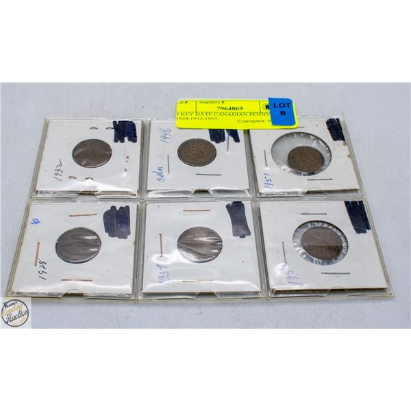 6 KEY DATE CANADIAN PENNYS 1928,1932,1937,