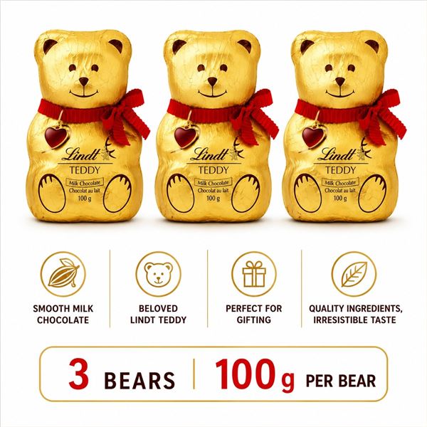 3 LINDT TEDDY BEARS MILK CHOCOLATE 100G BB 05/26