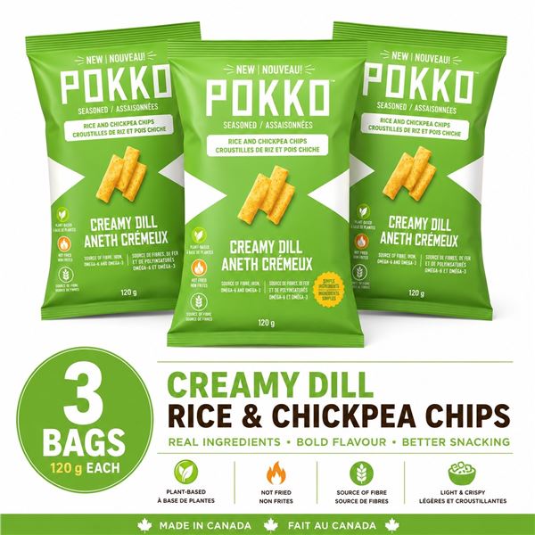 3 POKKO CREAMY DILL RICE & CHICKPEA CHIPS BB