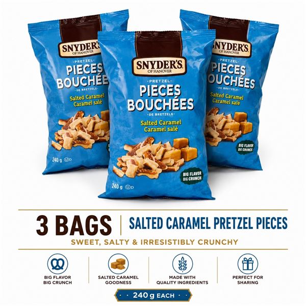 3 SNYDERS SALTED CARAMEL PRETZEL PIECES BB 07/26
