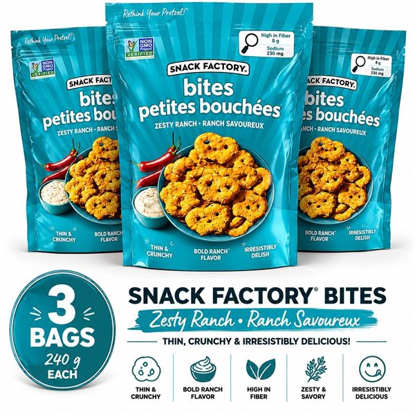 3 SNACK FACTORY ZESTY RANCH BITES 240G BB 05/26