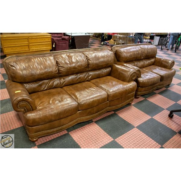 BROWN LEATHER SOFA AND LOVE SEAT SET WITH