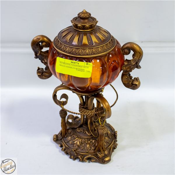 DECORATIVE CANDYDISH WITH ORNATE HANDLES REDDISH
