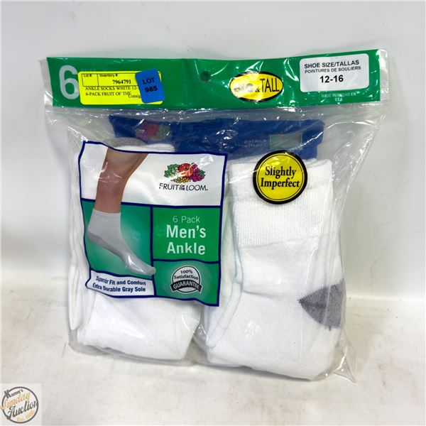 ANKLE SOCKS WHITE 12-16 SIZE 6-PACK FRUIT OF THE