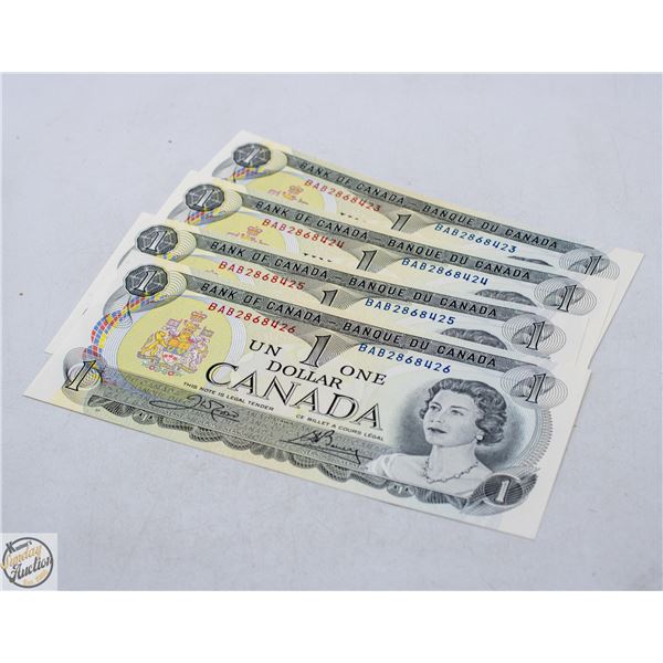 4, $1 CANADIAN BILLS, 1973 SEQUENTIAL