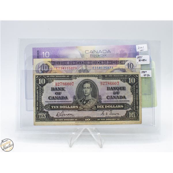 LOT OF 3 - 1937, 1971 AND 2001 TEN DOLLAR BILLS
